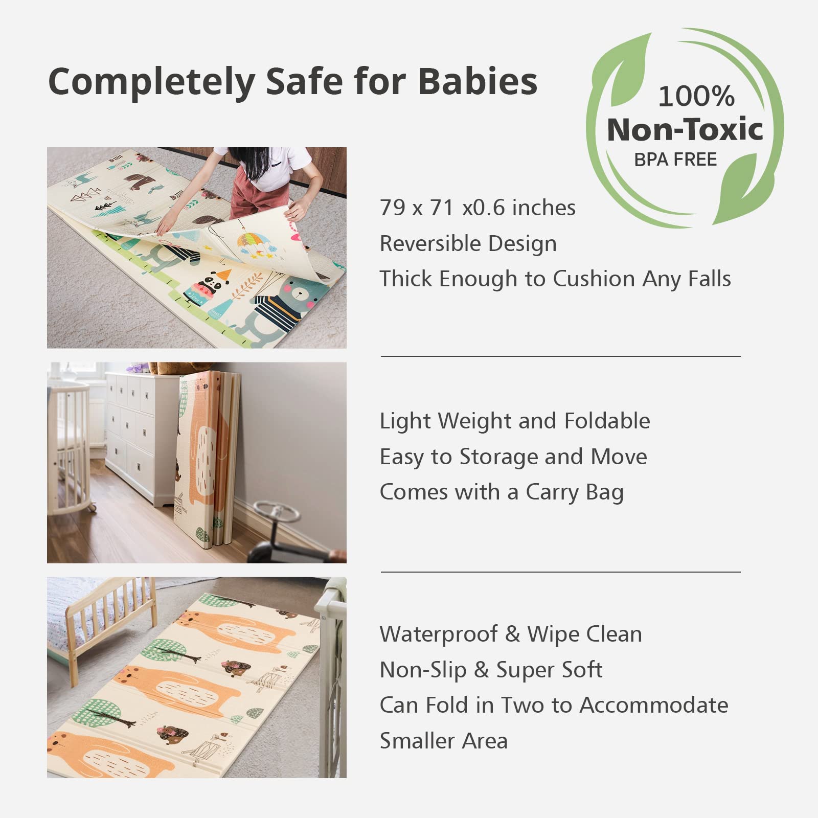 UANLAUO Foldable Baby Play Mat, Extra Large Waterproof Activity Playmats for Babies,Toddlers, Infants, Play & Tummy Time, Foam Baby Mat for Floor with Travel Bag