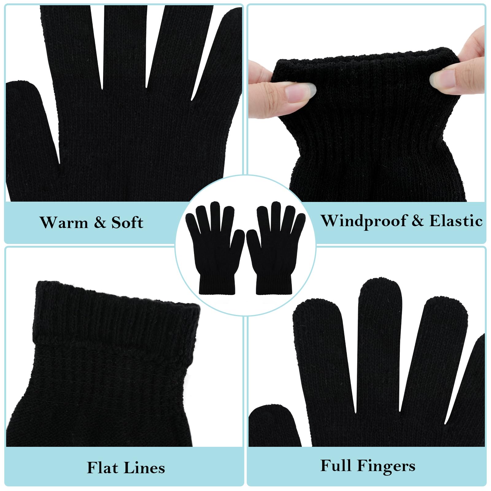 CUGBO 12 Pairs Black Winter Stretchy Warm Knit Magic Gloves Mitten for Mens Womens-One Size Fits All