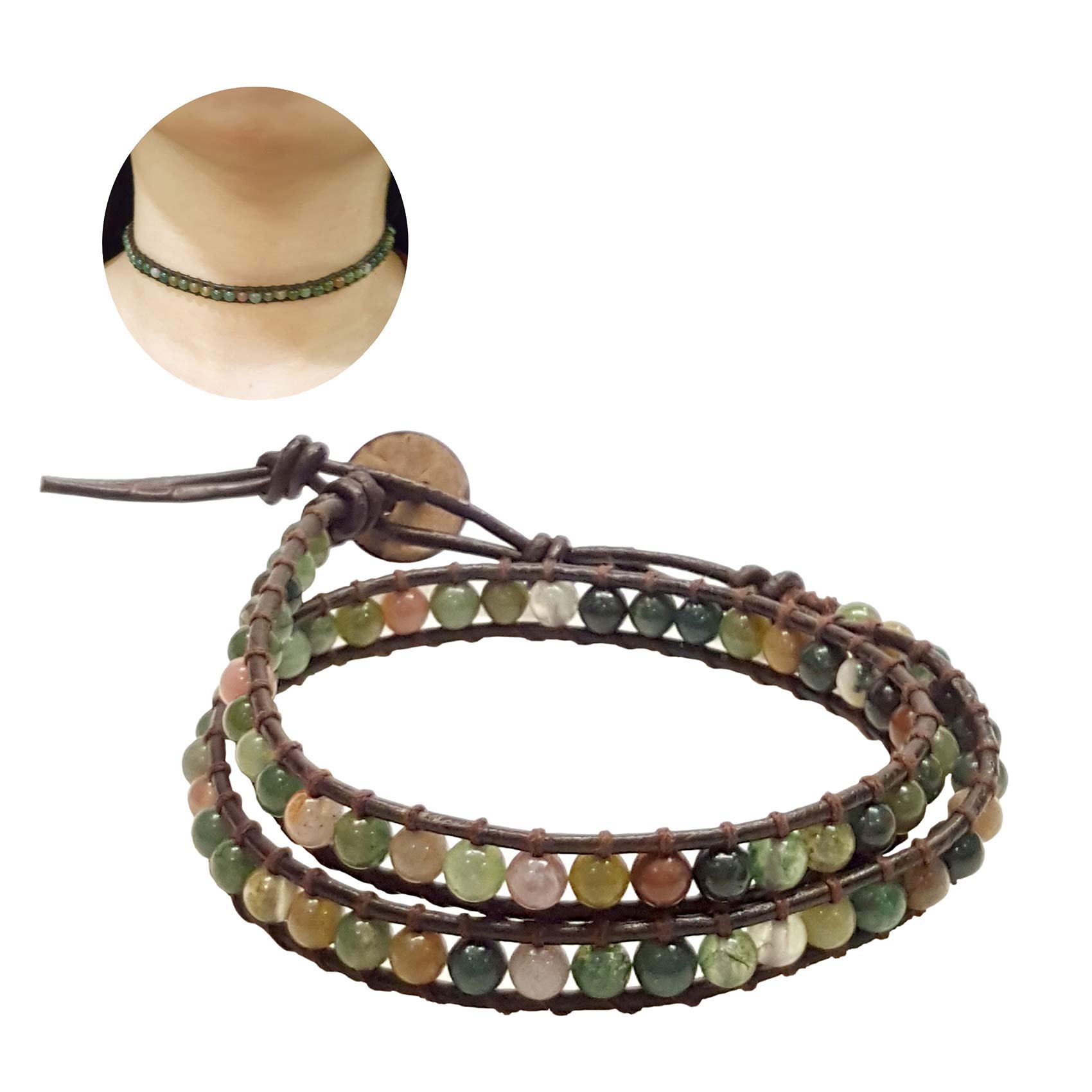 Infinityee888 Jasper 2 Wrap Bracelets and Choker woven Leather Necklace 2 in 1, Men Bracelet, Women Bracelet, Teengirls Bracelet Green