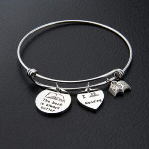 Book Lover Bracelet Literary Jewelry The Book Is Always Better I Love Reading Charm Bangle Writers Author Student Librarian Gift (book lover bracelet)