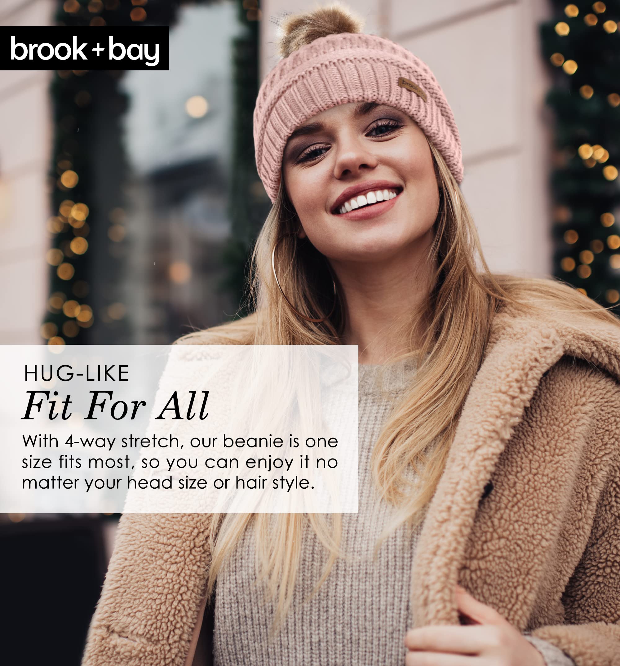 Brook + Bay - Beanie Hats for Women, Pom Pom Hat Soft Chunky Knit Beanie for Cold Weather, Stocking Cap for Women Winter Hats Pink