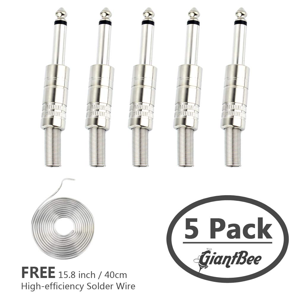 1/4" Audio Plugs 6.35 mm Plug TS Male 1/4 inch Solder Type Mono Plug Straight Design Connector with Spring for DJ Mixer Speaker Guitar Cables Phono Patch Cable Microphone Cables Alloy ( 5 Pack )