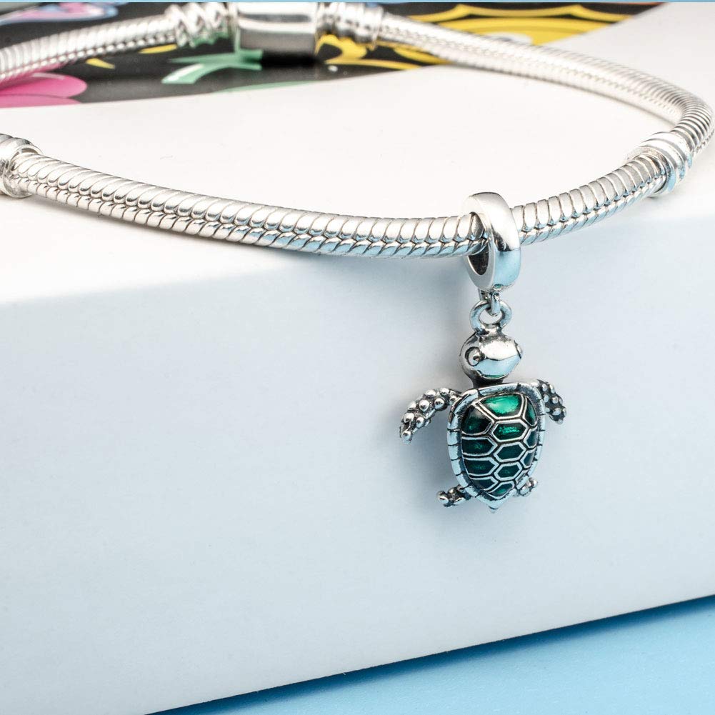 PAIYUAN Sea Turtle Animal Charms 925 Sterling Silver Tortoise Pet Charms Bead for European Bracelet (Green Dangle)