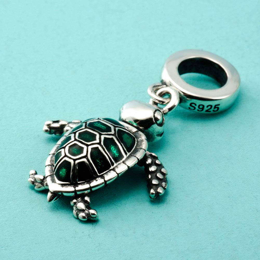 PAIYUAN Sea Turtle Animal Charms 925 Sterling Silver Tortoise Pet Charms Bead for European Bracelet (Green Dangle)