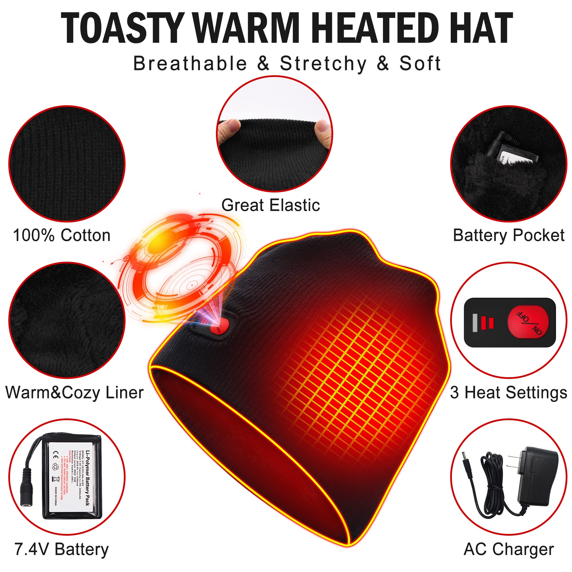 Autocastle Men Women Rechargeable Electric Warm Heated Hat Winter Battery Heat Skull Beanie (Pinstrip-Black, One Size)