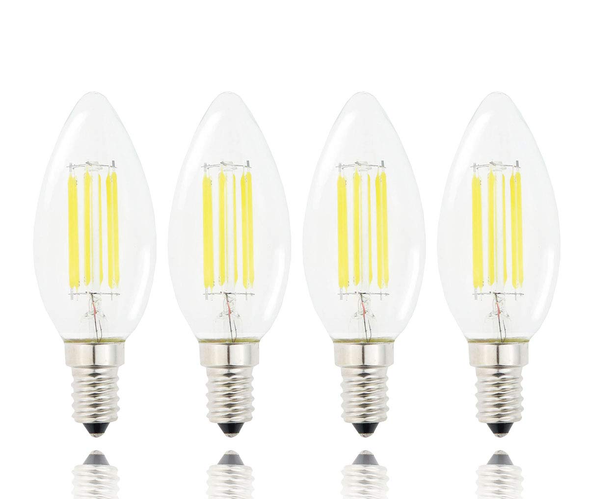 Lamsky E14 LED Filament Candle Shape Light Bulb,E14 European Base Bulb,Daylight 6000K 600LM 60W Equivalent,C35 Clear Glass Torpedo Shape Bullet Top,No-Dimmable (4-Pack)