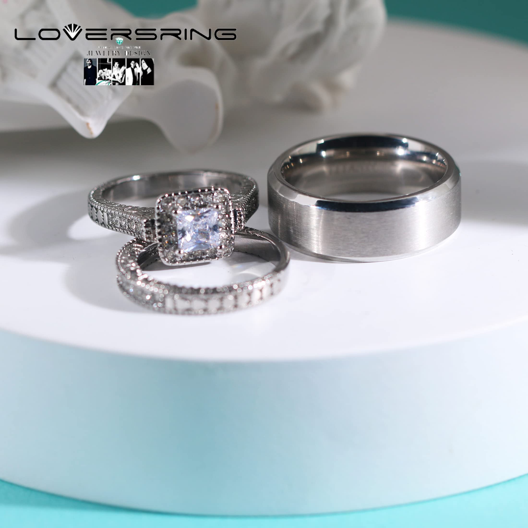 LOVERSRING Couple Ring Bridal Set His Hers Women 10k White Gold Filled AAA Cz Men Stainless Steel Wedding Ring Band Set