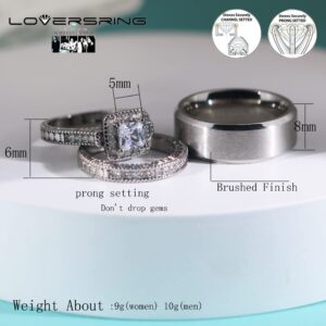 LOVERSRING Couple Ring Bridal Set His Hers Women 10k White Gold Filled AAA Cz Men Stainless Steel Wedding Ring Band Set