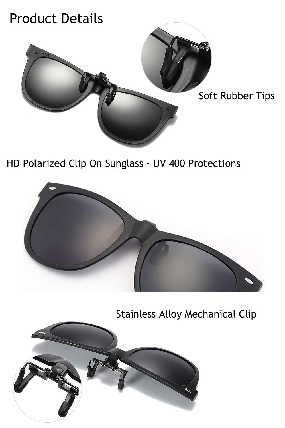 OopsMi Clip-on Sunglasses Polarized Unisex Anti-Glare Driving Glasses With Flip Up for Prescription Glasses (Black Lens)