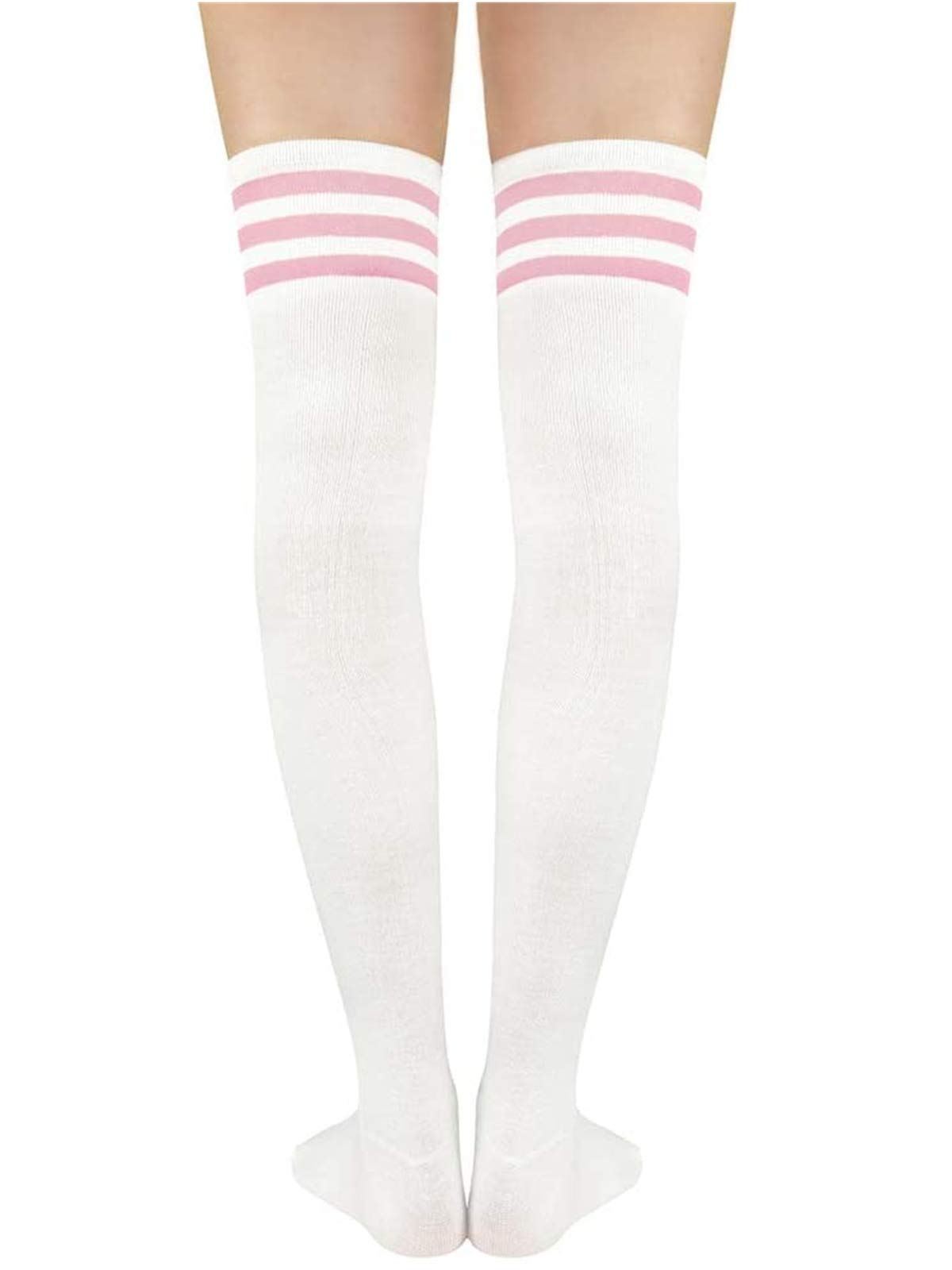 Century Star Women's Casual Athlete Striped Over Knee Thin Thigh High Tights Long Stocking Socks B 1 Pair White Pink One Size