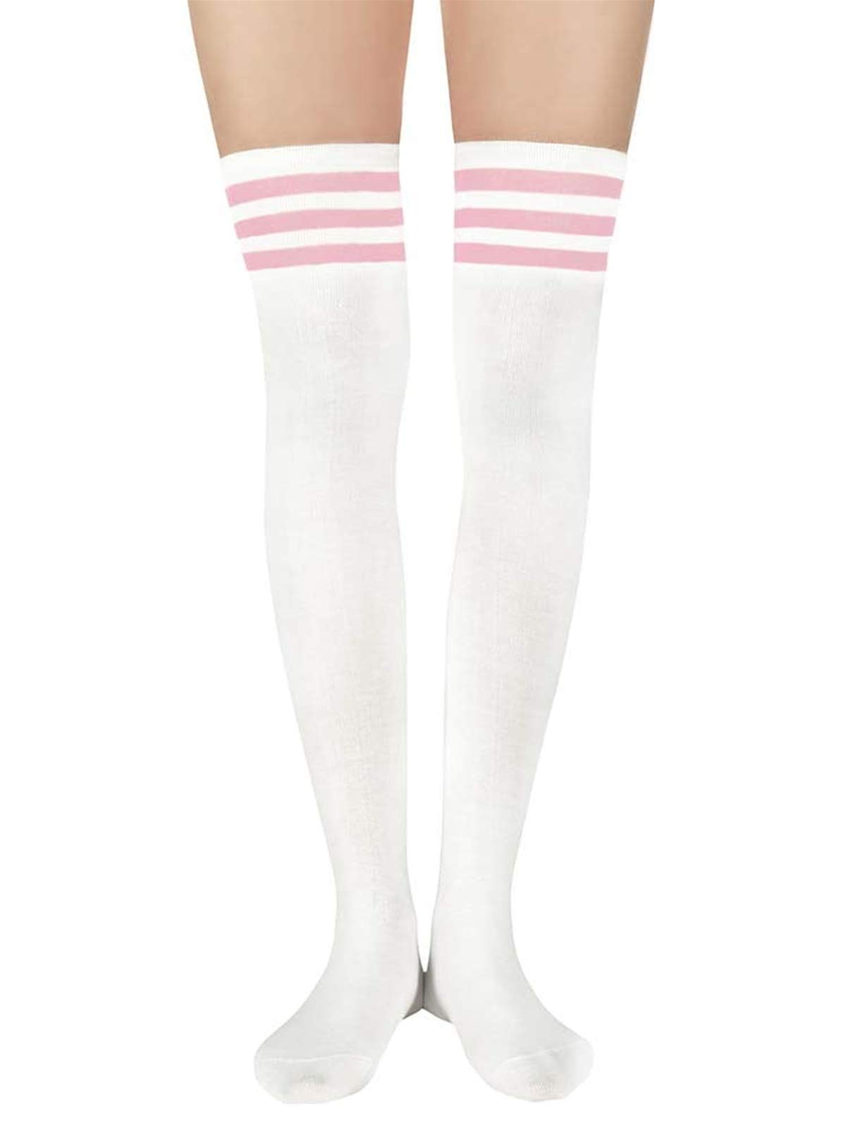 Century Star Women's Casual Athlete Striped Over Knee Thin Thigh High Tights Long Stocking Socks B 1 Pair White Pink One Size