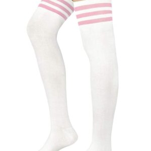 Century Star Women's Casual Athlete Striped Over Knee Thin Thigh High Tights Long Stocking Socks B 1 Pair White Pink One Size