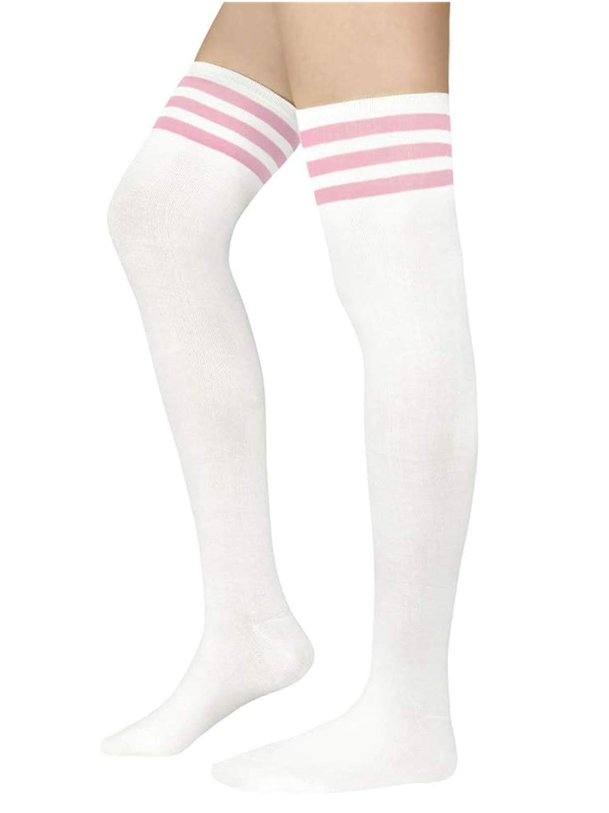 Century Star Women's Casual Athlete Striped Over Knee Thin Thigh High Tights Long Stocking Socks B 1 Pair White Pink One Size