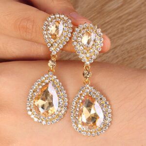 BriLove Gold-Toned Dangle Earrings for Women Wedding Bridal Fashion Crystal Teardrop Infinity Earrings Champagne.