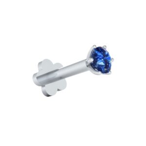 Demira Jewels 14k White Gold 2.20 mm Solitaire Real Blue Sapphire Solid Wedding Nose Lip Labret Monroe Ring Stud Screw 16 Gauge 6 mm long post.