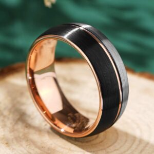 THREE KEYS JEWELRY 8mm Black and Silver Tungsten Wedding Ring Thin Side 18K Rose Gold Grooved Brushed Dome Wedding Band Engagement Ring Size 8.5