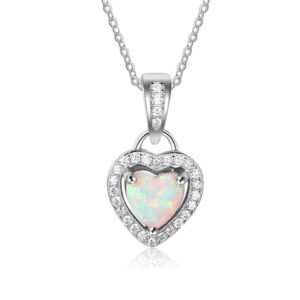 Lam Sence Sterling Silver Heart Shape Created Opal Pendant Necklace (6mm Opal Halo Heart)