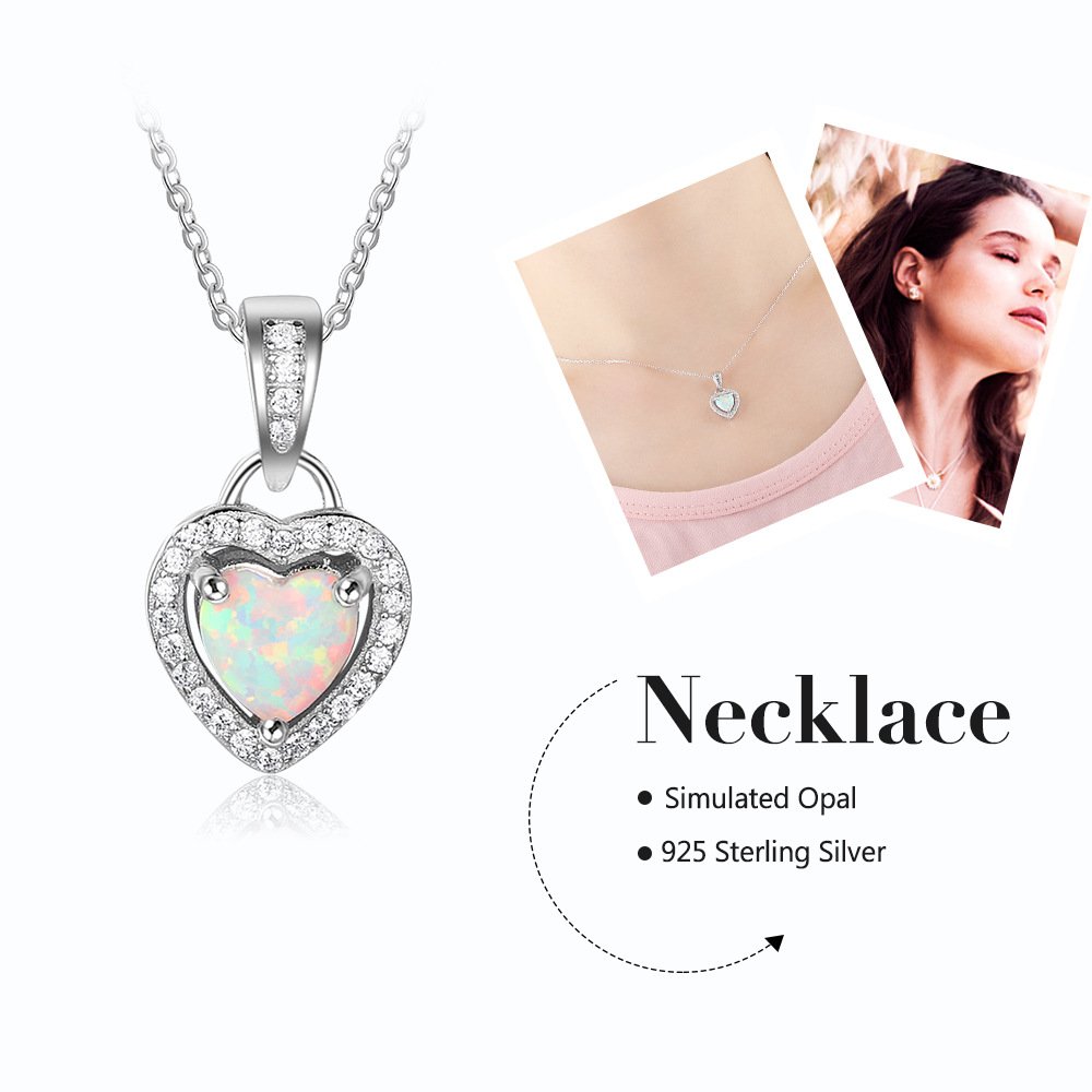 Lam Sence Sterling Silver Heart Shape Created Opal Pendant Necklace (6mm Opal Halo Heart)