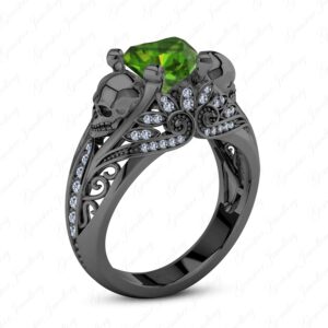 gemstar jewellery 14k black rhodium plated heart green emerald gothic skull ring in 925 sterling silver