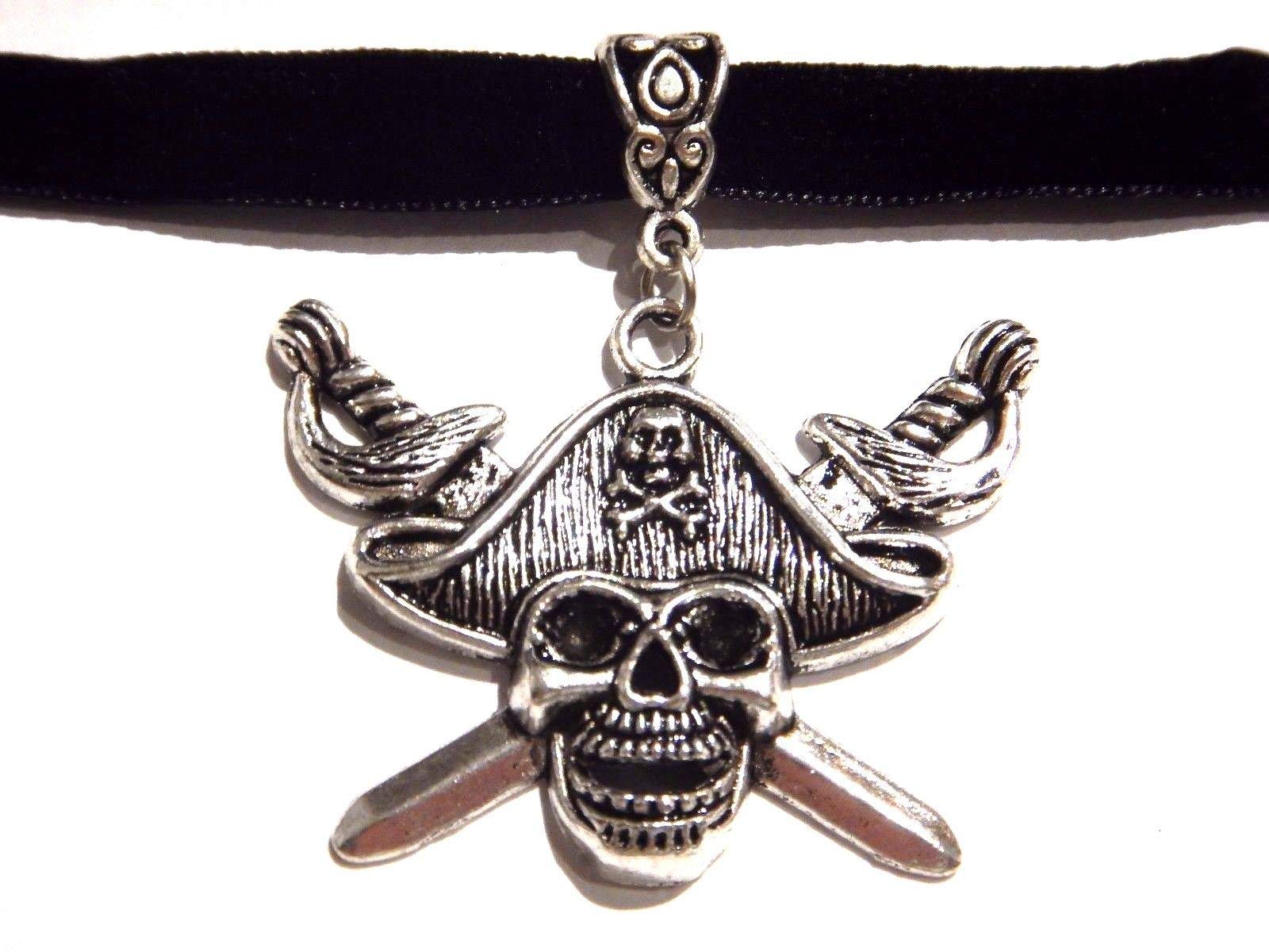 Handmade Jolly Roger Pirate Skull & Crossed Swords Pendant on Black Velvet Choker Necklace