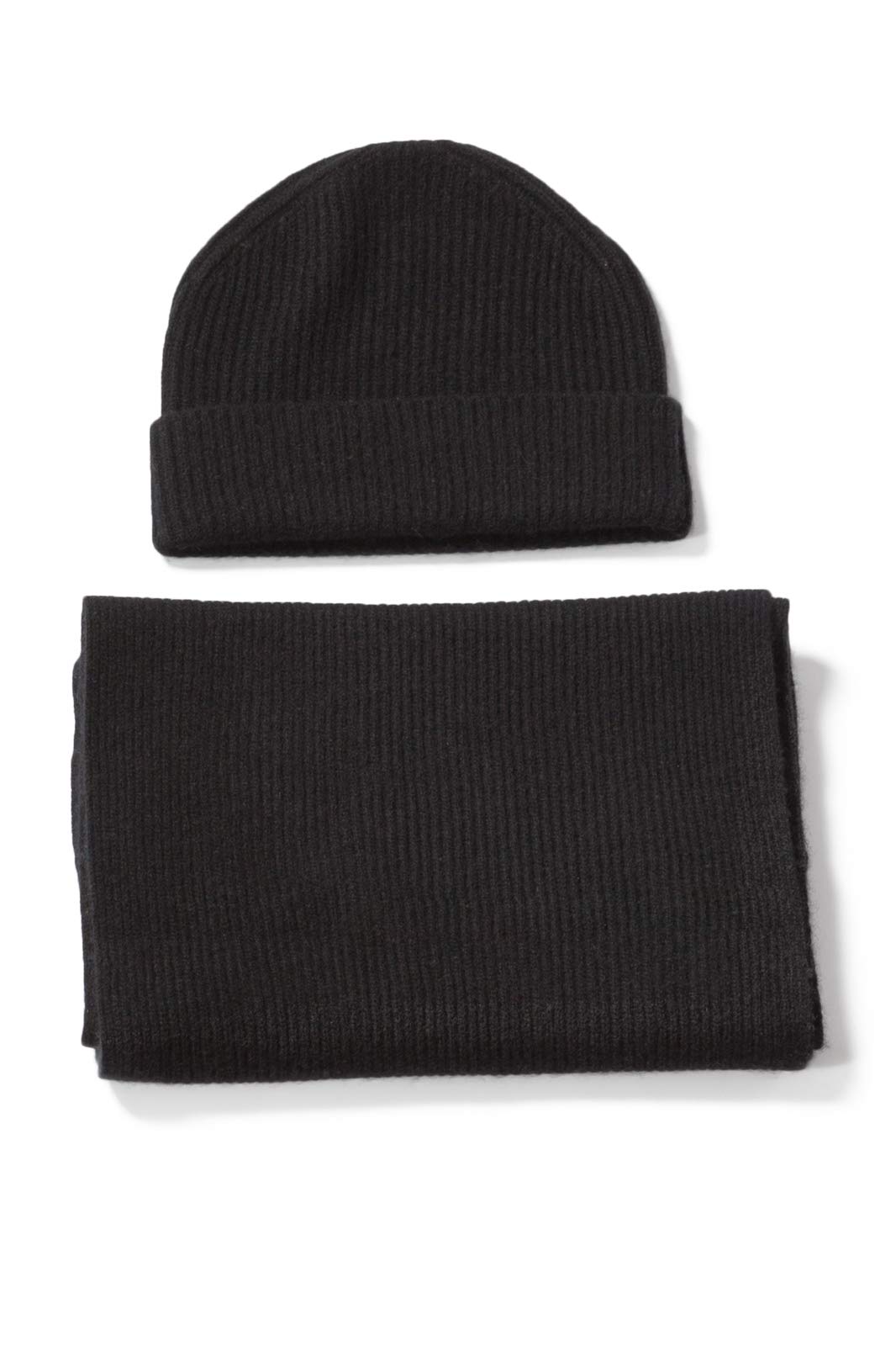 Fishers Finery Men's 100% Cashmere Ribbed Knit Hat and Scarf Gift Set (Black)