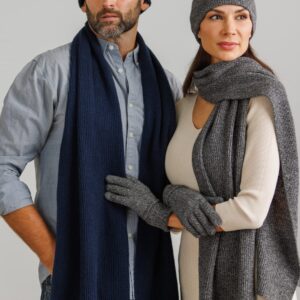 Fishers Finery Men's 100% Cashmere Ribbed Knit Hat and Scarf Set; Gift Box (Nvy)