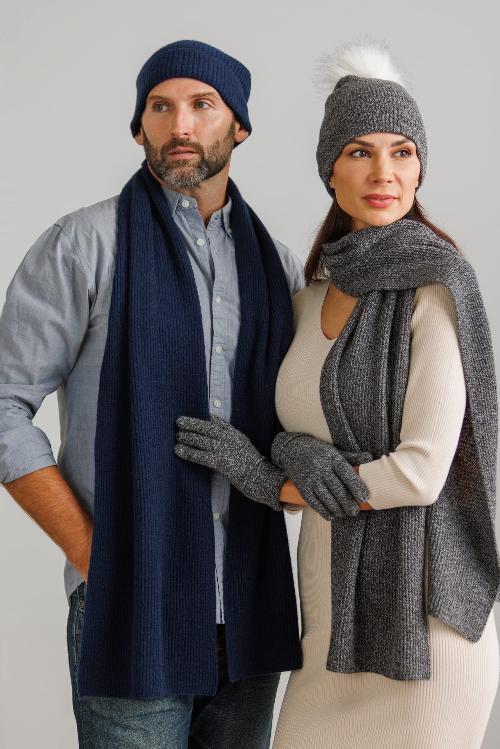 Fishers Finery Men's 100% Cashmere Ribbed Knit Hat and Scarf Set; Gift Box (Nvy)