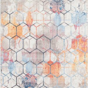 Unique Loom Rainbow Collection Geometric Abstract Trellis Modern Watercolor White Area Rug (7' 0 x 10' 0)