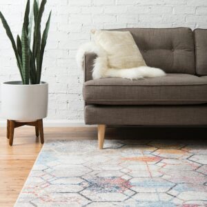 Unique Loom Rainbow Collection Geometric Abstract Trellis Modern Watercolor White Area Rug (7' 0 x 10' 0)