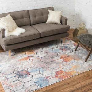 Unique Loom Rainbow Collection Geometric Abstract Trellis Modern Watercolor White Area Rug (7' 0 x 10' 0)