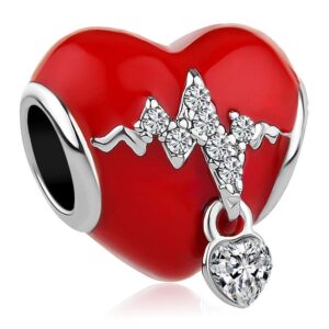 QueenCharms Hear Heartbeat Electrocardiogram Charm ECG Beads For Bracelets (Red)