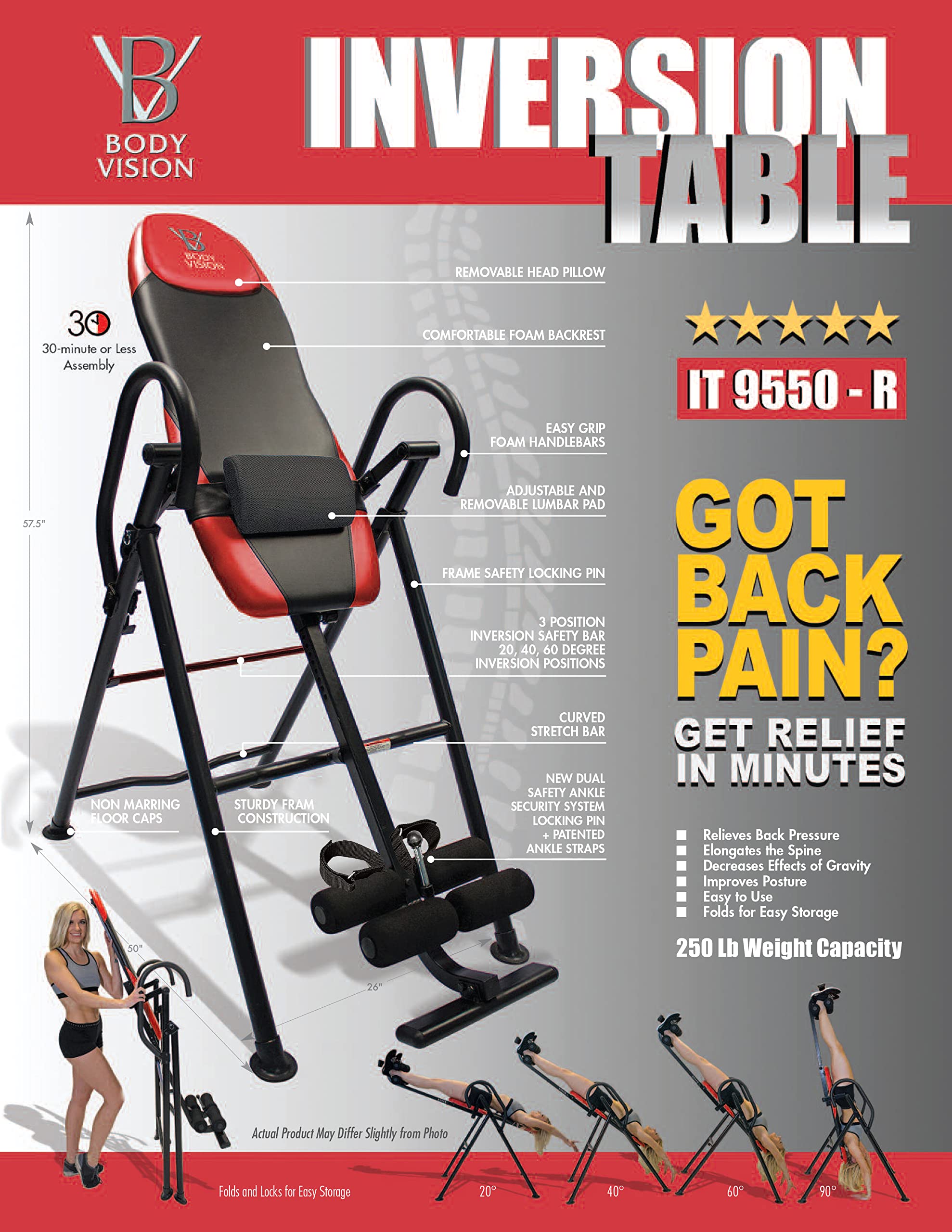 Body Vision IT9550 Deluxe Inversion Table with Adjustable Head Rest & Lumbar Support Pad, - Heavy Dutyup to 250 lbs., Red