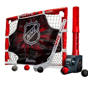 franklin sports nhl kids knee hockey goal set - mini hockey goal + stick set - automatic hockey ball passer, goal & target set - youth toy hockey set