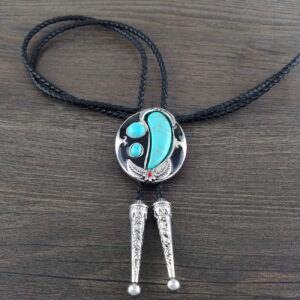 QUKE Native American Indian Ivory Shape Turquoise Stone Bolo Tie Vintage Necktie