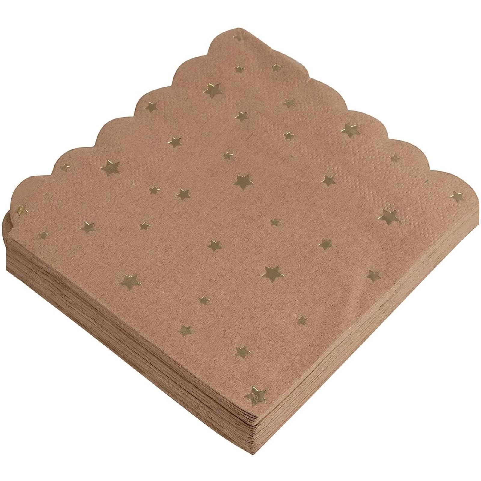 Juvale Cocktail - 50-Pack Disposable Kraft Paper Napkins, Rustic Holiday, Wedding, Birthday Party Supplies, Metallic Gold Foil Stars and Scalloped Edge Design, 3-Ply, Brown, Folded 4.8 x 4.7 Inches