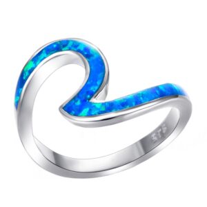 Blaike Blue Opal Wave Ring, 925 Sterling Silver Wave Ring Blue for Women Size 5/6/7/8/9/10