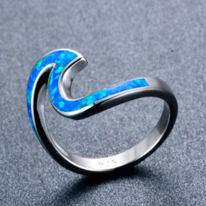 Blaike Blue Opal Wave Ring, 925 Sterling Silver Wave Ring Blue for Women Size 5/6/7/8/9/10