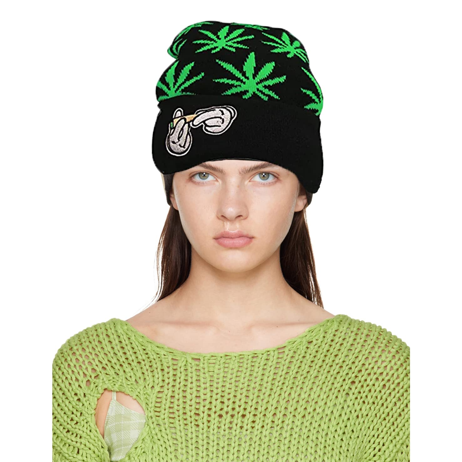 Marijuana Weed Acrylic-Hat Knit Beanie - Leaf Pot Cuffed Knit Winter Weed Beanie Hat Mens Women Green