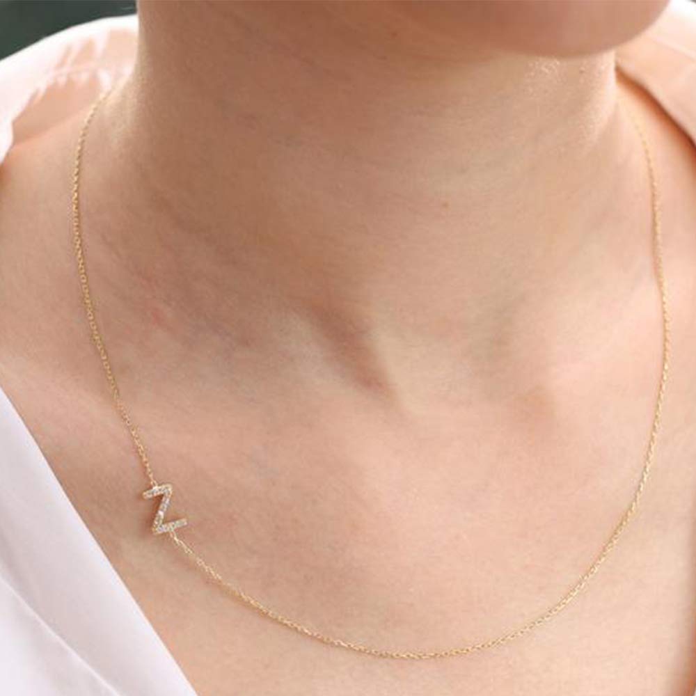 Sideways Initial Necklace for Women, 14k Gold Filled Dainty Cubic Zirconia Sideways Letter Necklace, Tiny Monogram Initial Necklace Gifts for Women