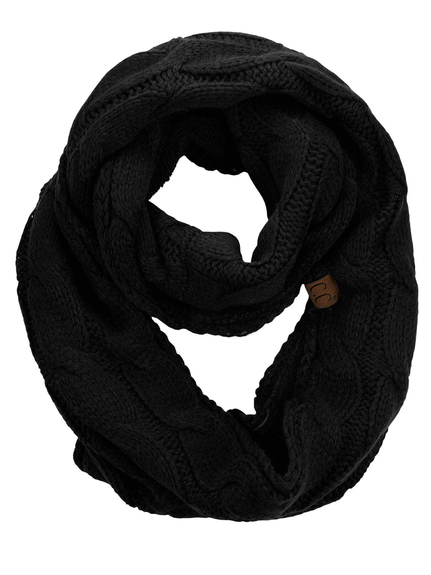 C.C Women's Winter Cable Knit Sherpa Lined Warm Infinity Pullover Scarf, Black