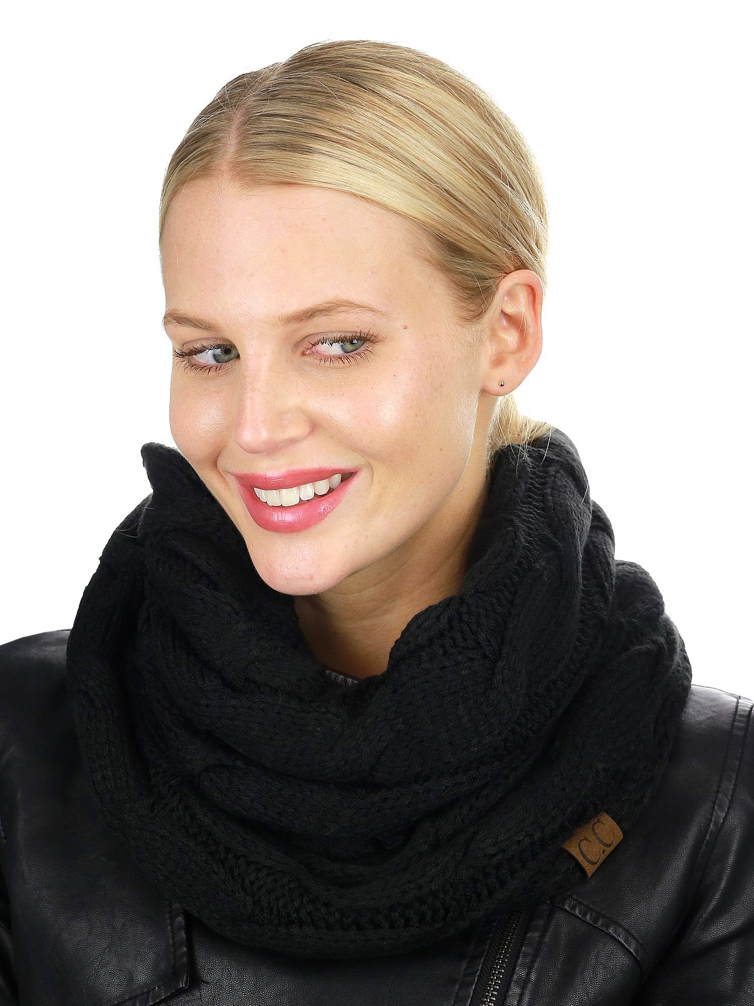 C.C Women's Winter Cable Knit Sherpa Lined Warm Infinity Pullover Scarf, Black