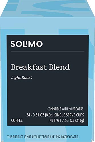 Amazon Brand - Solimo Light Roast Coffee Pods, Breakfast Blend, Compatible with Keurig 2.0 K-Cup Brewers, 24 Count