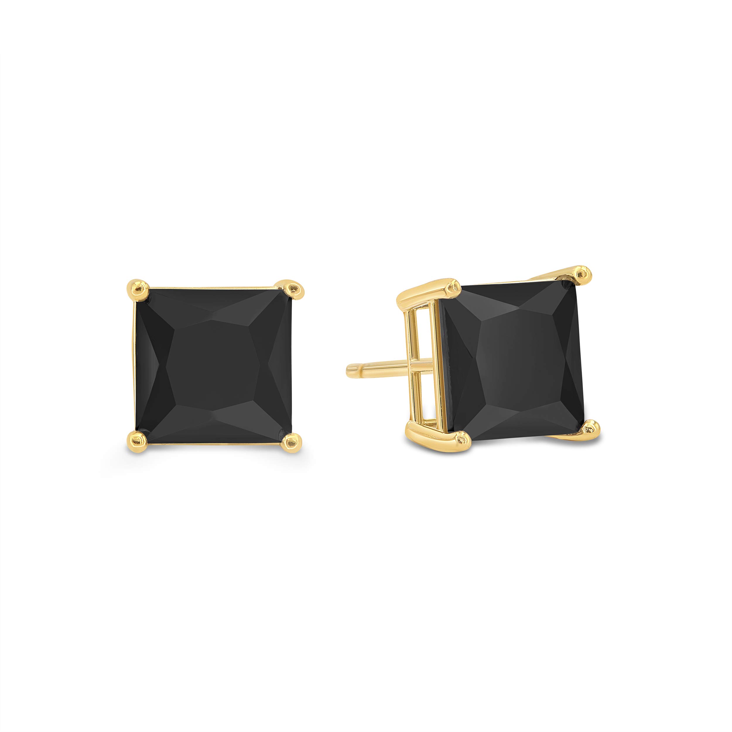 Basket Set Stud Earrings with Square Princess Cut 8x8mm Black CZ - 925 + Gold Plate