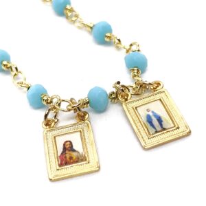 LESLIE BOULES Blue Ligth Beads Scapular Necklace for Women Hand-Craft Religious Jewelry