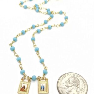 LESLIE BOULES Blue Ligth Beads Scapular Necklace for Women Hand-Craft Religious Jewelry