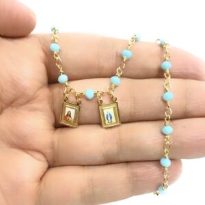 LESLIE BOULES Blue Ligth Beads Scapular Necklace for Women Hand-Craft Religious Jewelry