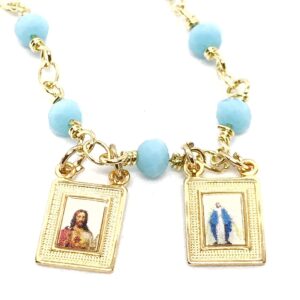 LESLIE BOULES Blue Ligth Beads Scapular Necklace for Women Hand-Craft Religious Jewelry