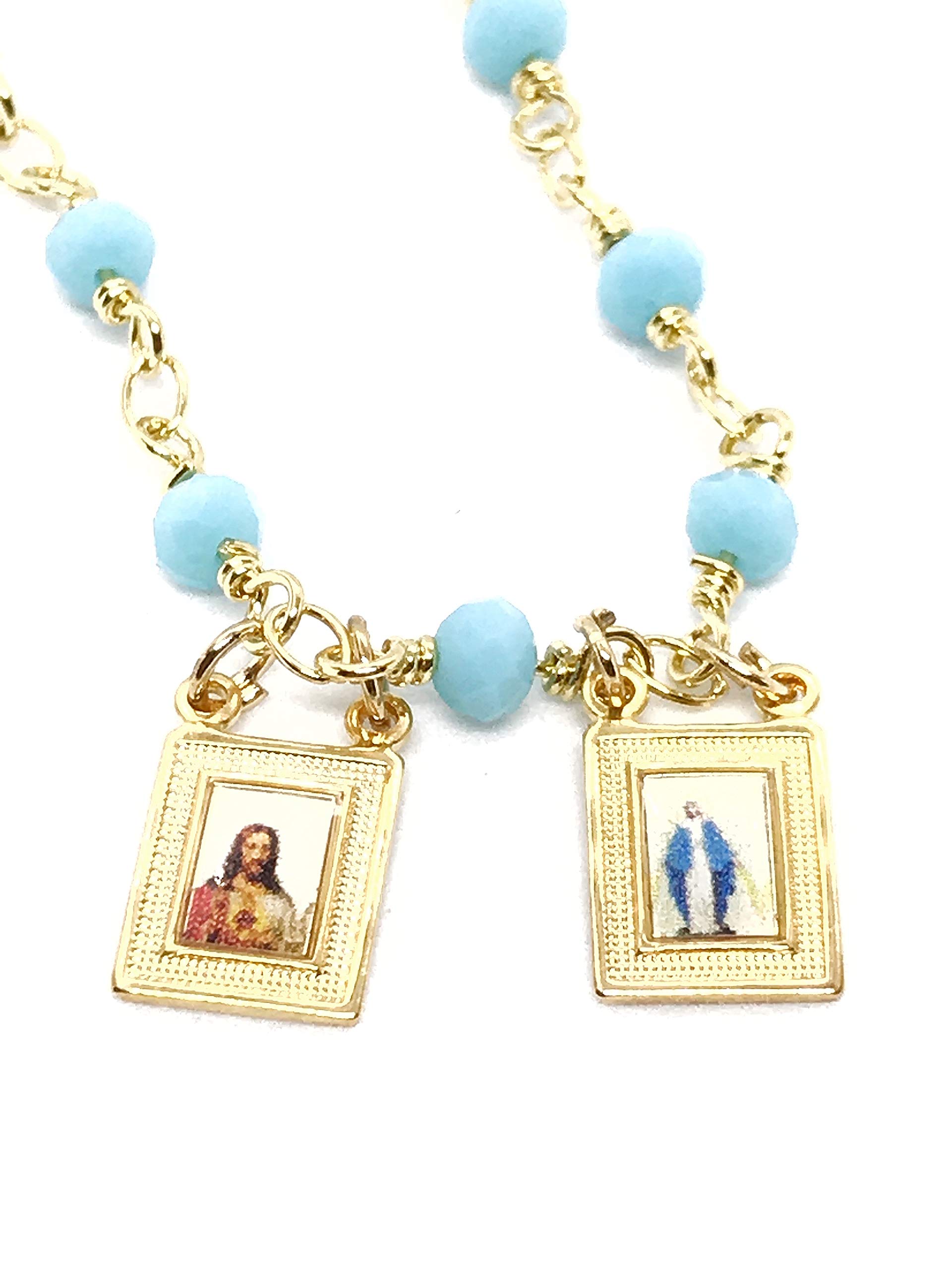 LESLIE BOULES Blue Ligth Beads Scapular Necklace for Women Hand-Craft Religious Jewelry