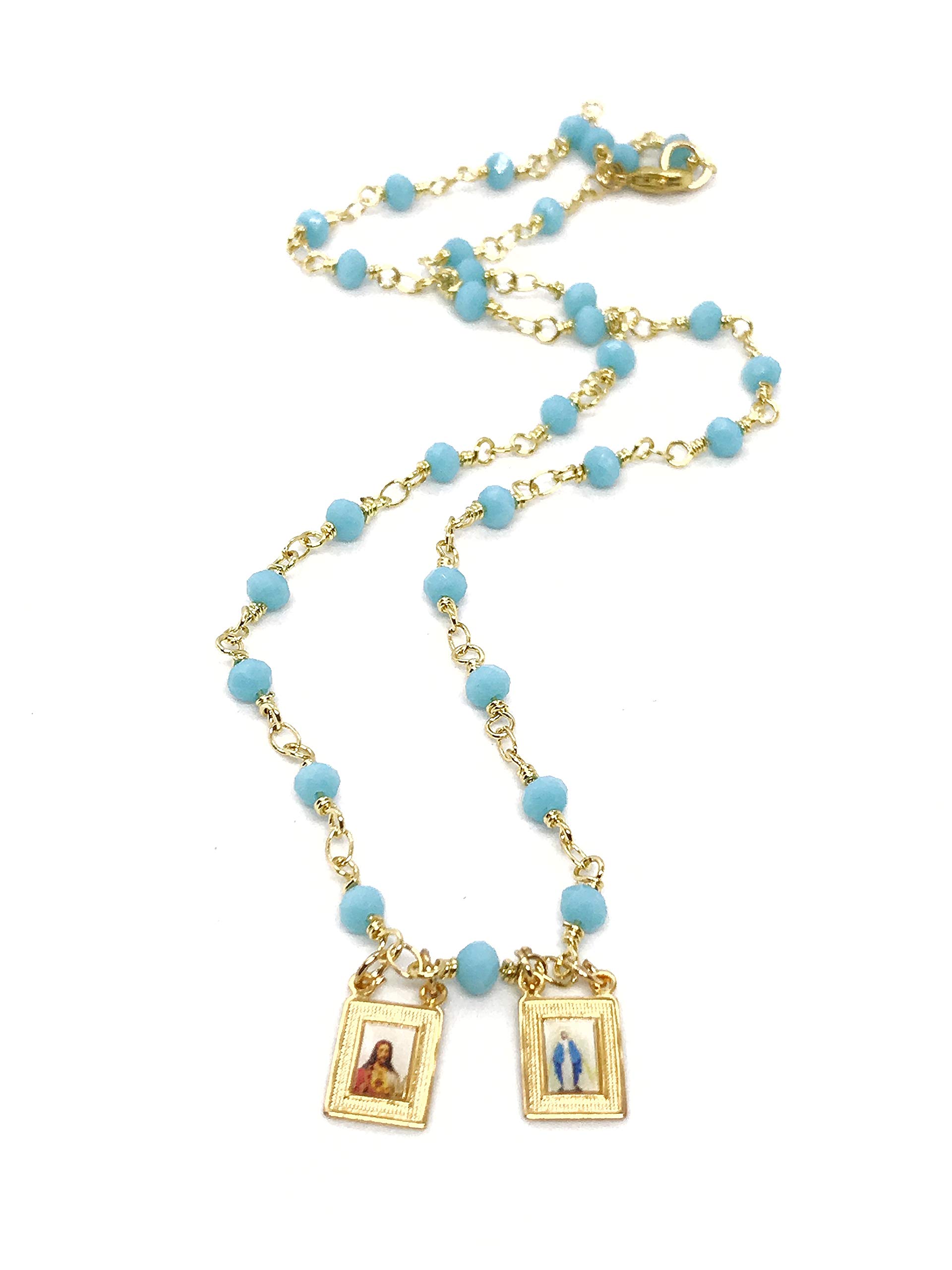 LESLIE BOULES Blue Ligth Beads Scapular Necklace for Women Hand-Craft Religious Jewelry