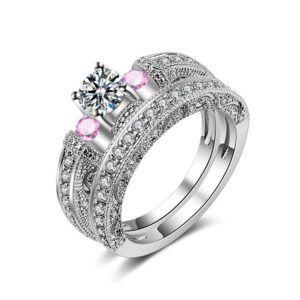 yazilind women platinum plated princess cut pink cubic zirconia wedding engagement ring set size 8